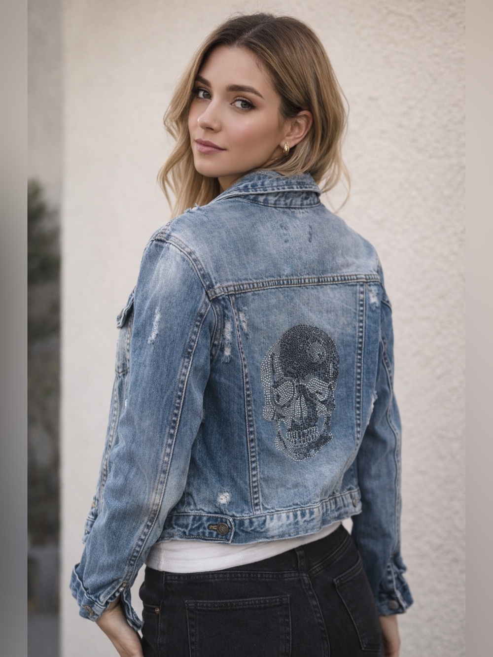 For The Republic Denim Distressed Skull Jean Jacket